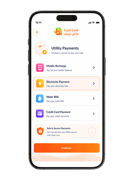 Select the Utility payment method (electricity, water, credit card)