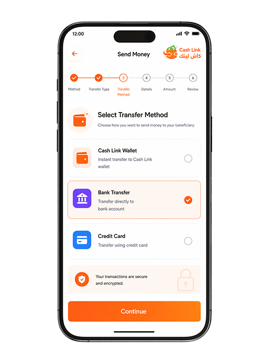 Select the Transfer Method (Cash Link Wallet , Bank , Credit Card )